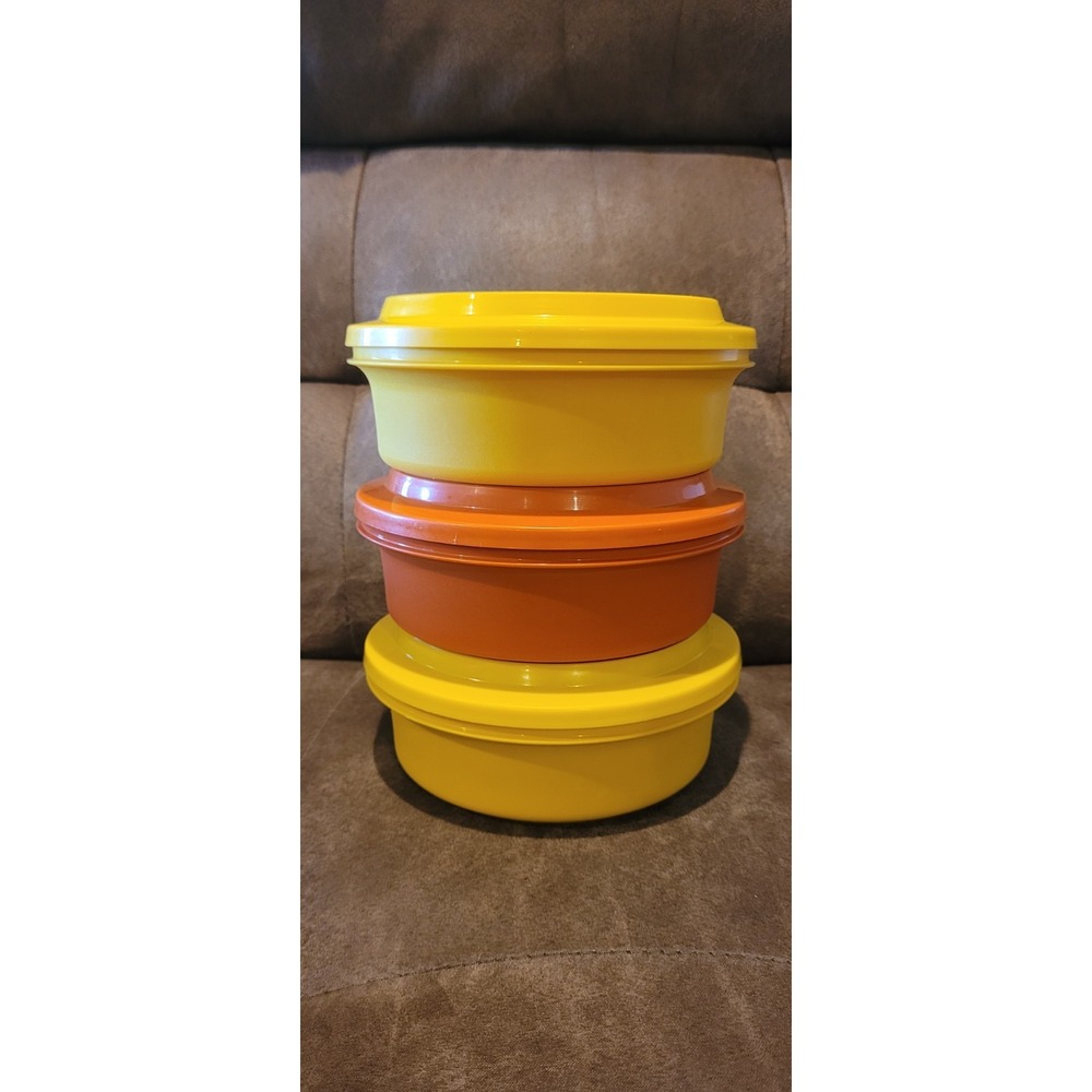 Vintage Tupperware Bowls W/Lids Seal N Serve 1‎ Orange & 2 Yellow 1253-5 -6